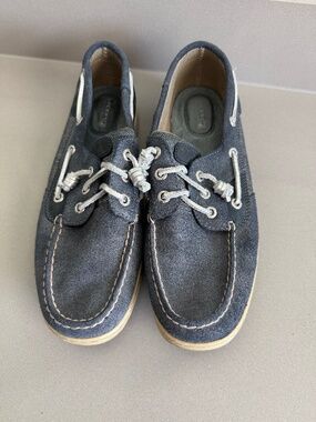 Sperry Top-Sider Blue Suede Metallic Boat Shoes Silver Laces Size 10